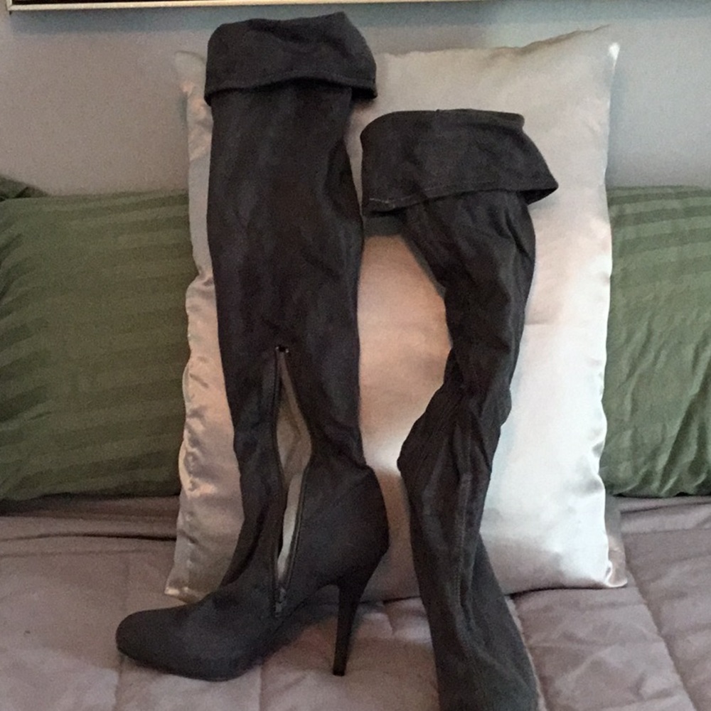 Gray suede thigh-high boots
